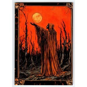 Vintage Halloween Photochrome Postcard Cloaked Figure Moonlit Forest